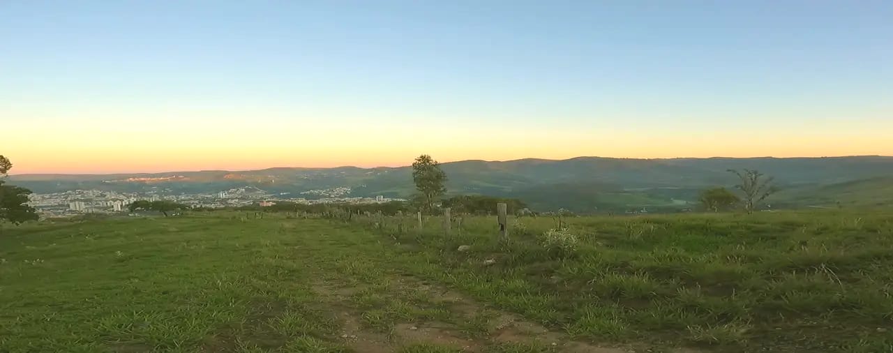 A serra na alvorada: árvore em silhueta no horizonte rosa e as luzes de Amparo no vale